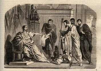 Gordien I (158-238) refusant la dignité impériale - gravure dans "Dictionnaire populaire illustré" - 1864