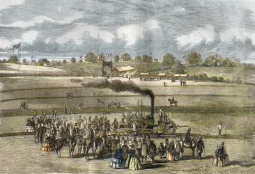Grande-Bretagne : Agriculture, scène de labour. Charrue à vapeur Boydell près de Louth en 1854