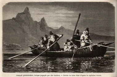 Umyak du Groenland, type de bateau manœuvré par des femmes. Gravure pour illustrer le voyage à la mer libre du pôle Arctique, par le docteur Hayes, chirurgien de la marine des États-Unis, en 1860-1862, publié dans « Le tour du monde, nouveau journal des vo
