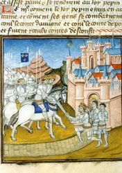 Griffon (ca. 726-753) rejoint ses frères Pépin III dit Pépin le Bref (714-768) et Carloman (ca. 715-754) après le siège de Laon en 741. Miniature dans les Grandes Chroniques de Saint-Denis.