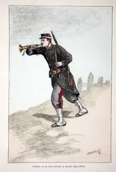 Gardiens de la paix pendant le second siège de la Commune de Paris (1871). Eau-forte en couleurs, pour illustration « Histoire du corps des gardiens de la paix » livre publié sous les auspices de Louis Lépine (1846-1933) préfet de police de la Seine