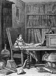 Guillaume Gilbert (1540-1603) écrivant son traité « De arte magnetica » vers 1600. Gravure du 19e siècle