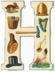H: lièvre, ruche, panier de récolte, harpe, marteau, jambon, corne, chapeau, poule