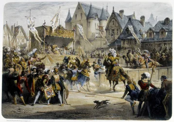 Henri II (1519 - 1559) blessé mortellement par Montgomery lors du tournoi du 29 juin 1559, rue St Antoine, devant le Palais des Tournelles
