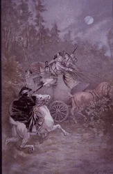 Un bandit de grand chemin attaque une diligence au début du 19e siècle (lithographie en couleur)