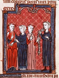 Histoire du droit canonique : « Femme condamnée à la ceinture de chasteté » Miniature tirée du « Décret de Gratien » (Concordia discordantium canonum ou Decretum Gratiani) datant de 1140 et régulant les lois et canons de l