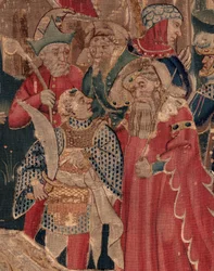 Histoire de Saint Piat et Saint Éleuthère, Scène 12 : La résurrection de la fille du tribun (Comment Jésus-Christ réclama le bon saint et ressuscita par chy la fille de tribun présent son père et le commun). (détail)
