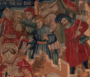 Histoire de Saint Piat et Saint Éleuthère, Scène 5 (détail). Partie supérieure droite. Maçons.