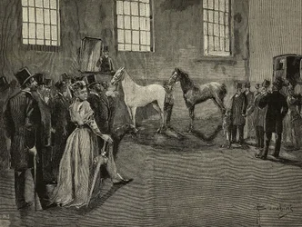 Vente aux enchères de chevaux à Tattersall, Royaume-Uni, gravure tirée de L