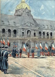 Hôtel des Invalides - Paris - 26 juin 1898 : une délégation remet au général Arnoux, gouverneur des Invalides, le drapeau du Régiment d