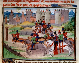 Scène de chasse. Miniature du manuscrit « Renaud de Montauban » ou « Les quatre fils Aymon » par Loyset Liedet (actif entre 1448 et 1478). Ms. 5073. XVe siècle Bibliothèque de l