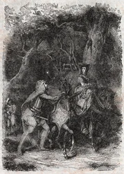 Hypalca arrêtée par Rodomont - gravure de 1851 de « Roland furieux » (Orlando furioso) (16e siècle) par Ludovico Ariosto, connu sous le nom d