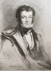 IRVING, Washington (1783-1859). Romancier et historien américain. Portrait réalisé à Séville (1828). Lithographie.