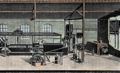 Fabrication de glace : installation des douanes. Gravure du 19ème siècle