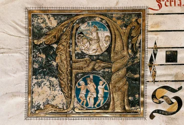 Lettre enluminée de la prédication de Jésus devant les apôtres et la flagellation, tirée d