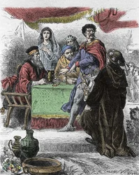Illustration pour « Ivanhoé » de Walter Scott (1771-1832), écrivain écossais : Ivanhoé est défié par le chevalier saxon Brian de Bois Guilbert