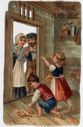Illustration pour le conte des frères Grimm « Hansel et Gretel » : Hansel et Gretel retournèrent chez eux et donnèrent à leurs parents les bijoux qu