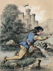 Illustration des contes de Franz Hoffmann « Contes et Fables - Les 3 princes » : Un prince recevant une clé d