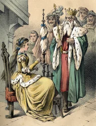 Illustration des contes de Franz Hoffmann "Contes et Fables - Weifshündchen und Breitfüßchen". Chromolithographie du 19ème siècle.