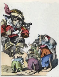 Illustration du conte "Le terrible Raminagrobis et les souris", personnage tiré des fables de Jean de La Fontaine. Dans "Contes de la maison pour les petits". Gravure anonyme du XIXe siècle.