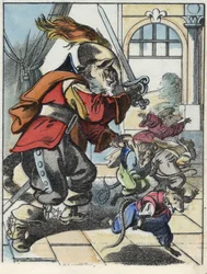 Illustration du conte « Le terrible Raminagrobis et les souris » personnage tiré des fables de Jean de la Fontaine. Dans « Contes de la maison pour les petits ». Gravure anonyme du XIXe siècle