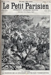 Dans les colonies françaises : la marche de la colonne du général Joseph Joffre (1852-1931) et son armée de spahis sur Tombouctou (Mali). Gravure dans « Le Parisien »