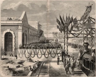 Inauguration du chemin de fer de Toulouse à Sète en 1857. Gravure dans « Le Monde illustré » de 1857. Collection privée.
