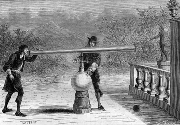 Invention : Sarbacane ou fusil pneumatique par Otto von Guericke (1602-1686), inventeur allemand. Gravure dans « La Nature »