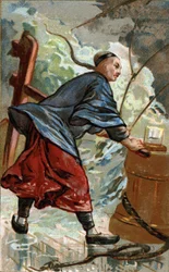Invention de la boussole chinoise : navigateur chinois utilisant la boussole sur son bateau. La première utilisation de la boussole comme instrument de navigation sur les navires chinois date de la fin du 10e siècle. Chromolithographie du 19e siècle