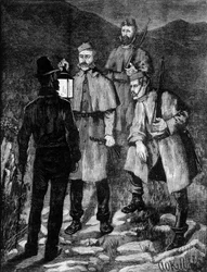 Patrouille de police irlandaise contrôlant un suspect (1881)