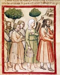 Isaac et sa famille souffrant de famine émigrent vers les terres du roi Abimelech. Miniature du codex 212 (ou padovano ou Bible de Padoue) 1390-1400 Rovigo, Accademia dei Concordi