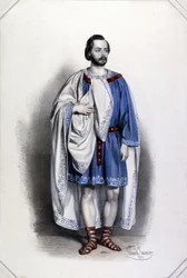 Ténor italien Gaetano Fraschini (1816 - 1887) en Foresto dans « Attila » de Giuseppe Verdi. Lithographie en couleur d