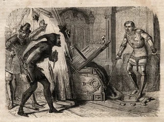 Jacob Van Artevelde (1290-1345) assassiné en 1345 - Jacques (Jacob) Van Artevelde (1287-1345), connu comme le Sage de Gand, tombe sous les coups des bourgeois de Gand en 1345 - gravure dans « Illustrious People