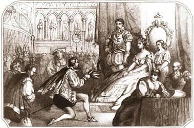 Jean Nicot présentant la plante de tabac à Catherine de Médicis et au Grand Prieur de la Maison de Lorraine. Lithographie du 16e siècle vers 1868