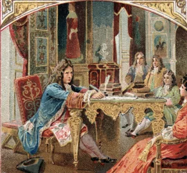 Jean Racine (1639-1699) composant « Esther » et « Athalie » au château de Maintenon. Chromolithographie de la fin du XIXe siècle