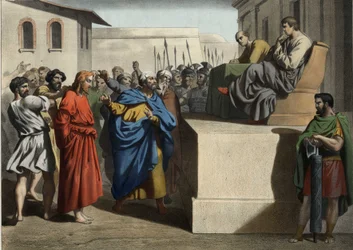 Jésus-Christ devant Ponce Pilate (Pontius Pilatius). Gravure anonyme du milieu du 19ème siècle