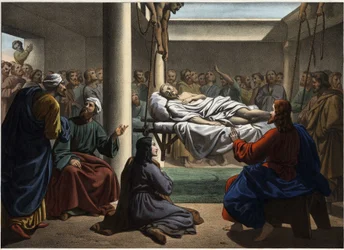 Jésus guérissant le paralytique de Bethesda. Gravure anonyme du milieu du 19ème siècle.