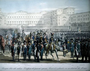 Joachim Murat (1767-1815), nommé maréchal de France et roi de Naples par Napoléon, passe en revue les troupes de la République cisalpine