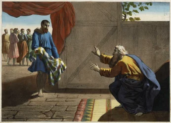 La tunique ensanglantée de Joseph présentée à Jacob. Les frères jaloux de Joseph qui ont renoncé à le tuer font croire à leur père Jacob à sa mort en présentant le manteau de Joseph couvert de sang de mouton. Gravure anonyme du milieu du 19ème siècle