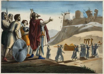 Josué devant la ville de Jéricho, la première ville prise par Josué et les Juifs lors de la conquête de la Terre promise. Les murailles s