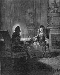 Le roi Louis XIV (1638-1715) parlant avec sa future épouse, Madame de Maintenon (Françoise d