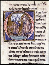 Roi Modreius. Manuscrit : Conquête du Saint Graal, écrit 717 ans après la passion de notre seigneur. Bibliothèque municipale de Rennes, ms. 255 (Collection de romans de la Table Ronde); Paris