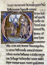Roi Modreius. Manuscrit : Conquête du Saint Graal, écrit 717 ans après la passion de notre seigneur. Bibliothèque municipale de Rennes, ms. 255 (Collection de romans de la Table Ronde); Paris