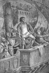Knut le Grand (Canut I) (994 ou 995-1035) - Les hommes de Knut le Grand sur le pont de Londres, attaqués par Olaf II de Norvège - Gravure dans « Kaiser, König und Papst » par Richard Roth