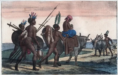 Hottentots Korah du Cap en déplacement - gravure tirée de « Usi e Costumi di Tutti i Popoli dell
