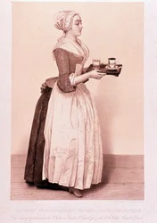 La Chocolatière de Vienne : jeune servante tenant un plateau avec une tasse de chocolat chaud. Lithographie du 19ème siècle Collection privée