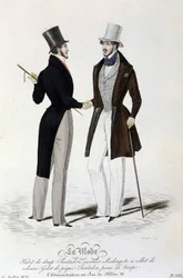 La Mode du 26 juillet 1834 : (mode masculine) costume en drap - pantalon en casimir - redingote avec col en velours - gilet en piqué - pantalon en peau de taupe et haut-de-forme