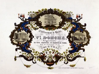 Étiquette pour une cave à vin, liqueurs et charbons de terre. Lithographie