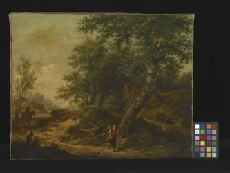 Paysage avec cottage et voyageurs