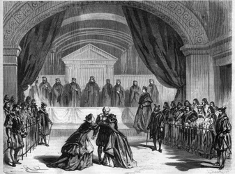 Dernière scène de la pièce de théâtre "Galilée", un drame en trois actes de François Ponsard, poète et dramaturge français (1814-1867) joué au théâtre de la Comédie-Française à Paris. Gravure dans "L